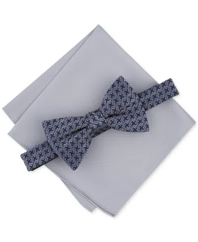 Alfani Men's Tolbert Patterned Bow Tie & Solid Pocket Square Set, Created For Macy's In Silver