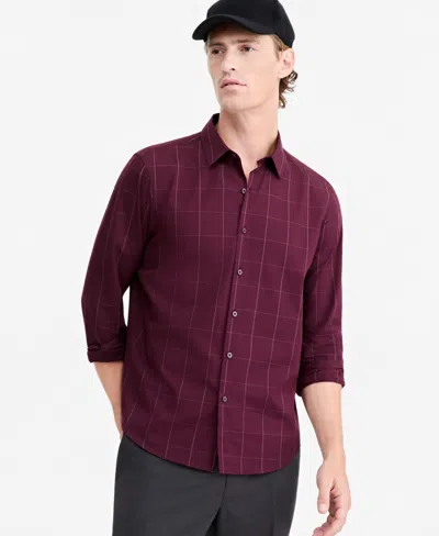 Alfani Men's Windowpane Cotton Poplin Button-down Shirt, Macy's Exclusive In Burgundy