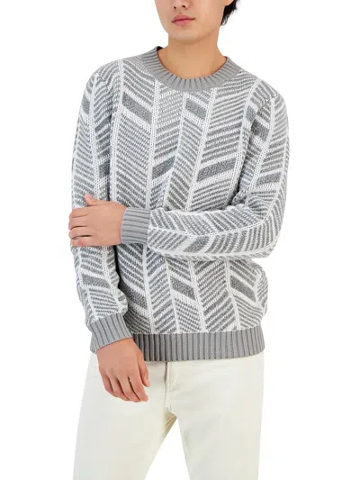Alfani Mens Knit Herringbone Crewneck Sweater In Grey