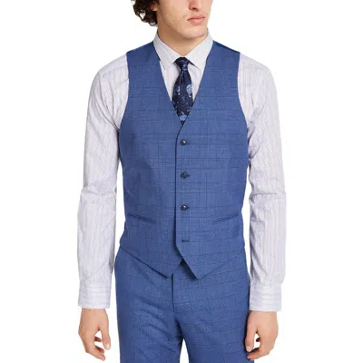 Alfani Mens Plaid Button Front Suit Vest In Blue