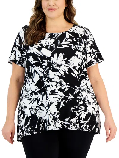 Alfani Plus Womens Blue Blended Pullover Top In Black