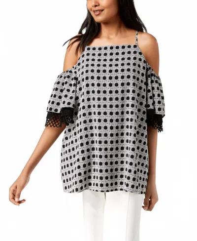 Alfani Printed Cold Shoulder Top In Inverse Dots In Black