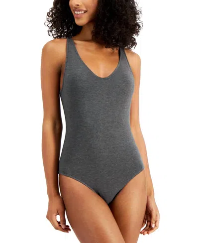 Alfani Ultra Soft Modal V-neck Bodysuit In Heather Charcoal In Gray