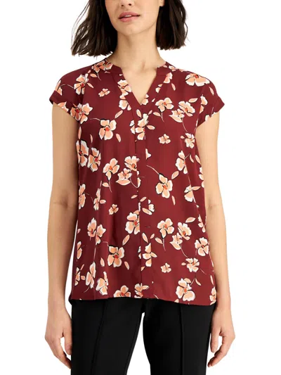 Alfani Womens Floral V-neck Pullover Top In Brown