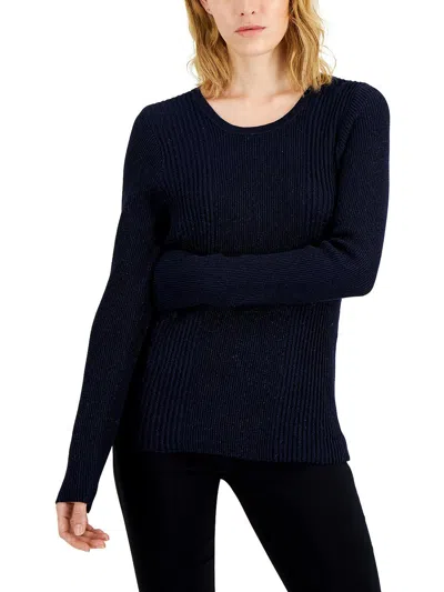 Alfani Womens Metallic Ribbed Crewneck Sweater In Blue