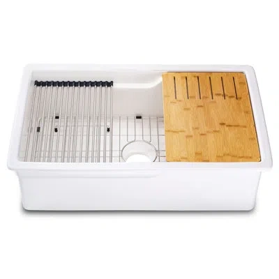Alfi Brand Abfs3219sud-w 32" X 19" Workstation Step Rim Single Bowl Fireclay Undermount / Drop In Kitchen Sink In White