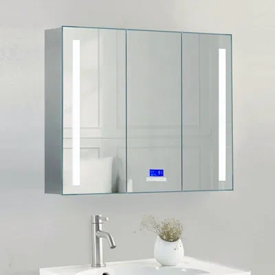 Alfi Brand Surface Mount Frameless 3 Door Medicine Cabinet With 4 Adjustable Shelves, Led Lighting And Electric In Gray