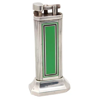 Pre-owned Alfred Dunhill Dunhill London Art Deco Green & Black Enamel Desk Lighter In 925 Sterling Silver