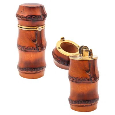 Pre-owned Alfred Dunhill Dunhill Paris 1934 Art Deco Carved Bamboo Petrol Desk Lighter In Gold