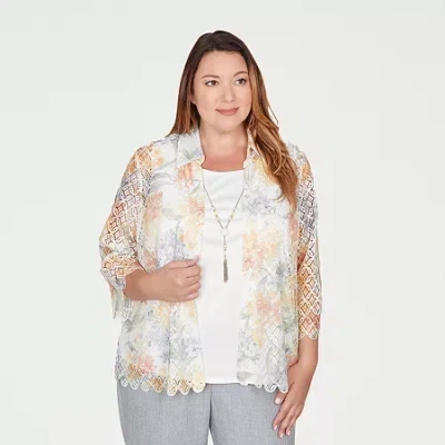 Alfred Dunner Plus Size Al Fresco Lace Floral Two In One Top With Necklace In White