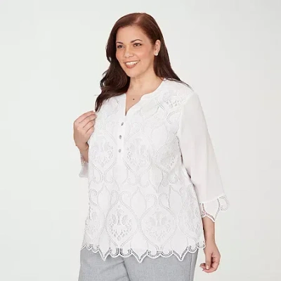 Alfred Dunner Al Fresco Womens Plus Y Neck 3/4 Sleeve Lace Blouse In White