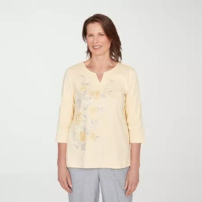 Alfred Dunner Al Fresco Womens Split Crew Neck 3/4 Sleeve Embroidered Layered Top In Yellow