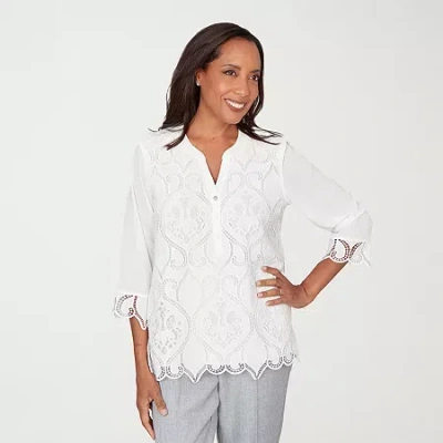 Alfred Dunner Al Fresco Womens Y Neck 3/4 Sleeve Lace Blouse In White
