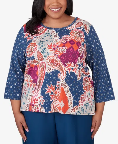 Alfred Dunner Alf Dunner Plus Size Classic Paisley Patchwork Knotted Crew Neck Top In Multi