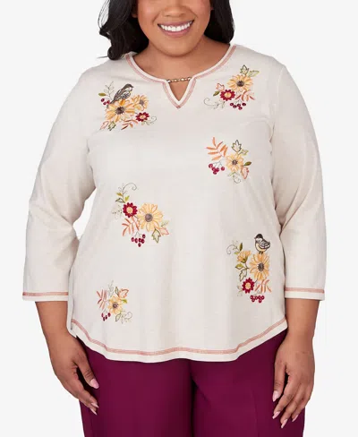 Alfred Dunner Alf Dunner Plus Size Classic Sunflowers And Birds Top In Oatmeal