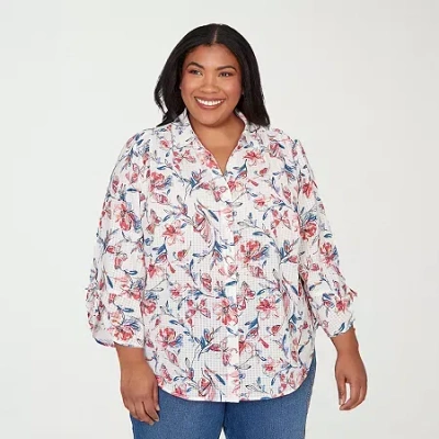 Alfred Dunner Plus Size Austin Etched Floral Butterfly Button Down Top In Multi