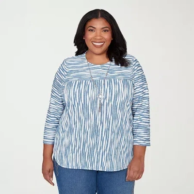 Alfred Dunner Plus Size Austin Novelty Spliced Textured Top With Necklace In Blue