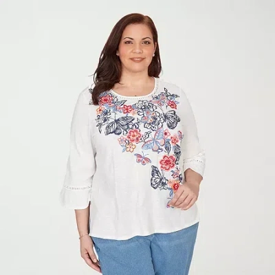 Alfred Dunner Plus Size Austin Embroidered Butterfly Crew Neck Knit Top In White