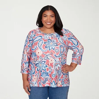 Alfred Dunner Plus Size Austin Embellished Paisley Floral Crew Neck Top In Pink
