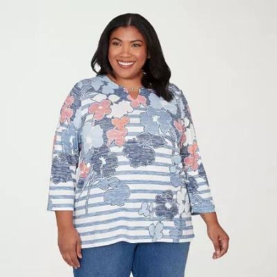 Alfred Dunner Plus Size Austin Stripe Floral Split Neck Knit Top In Multi
