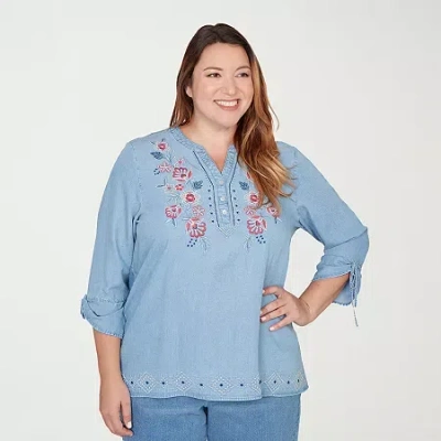 Alfred Dunner Plus Size Austin Floral Embroidered Tie Sleeve Henley Top In Blue
