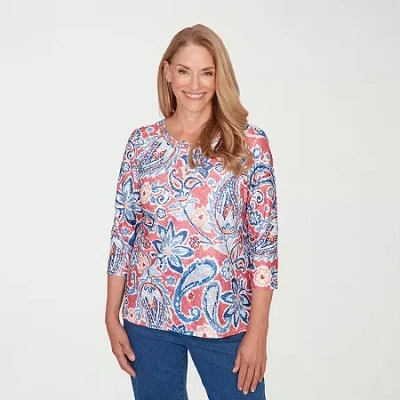 Alfred Dunner Austin Womens Round Neck 3/4 Sleeve T-shirt In Blue