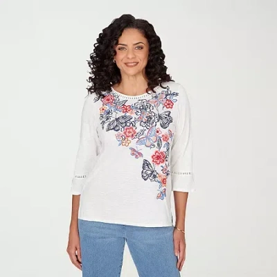 Alfred Dunner Austin Womens Round Neck 3/4 Sleeve T-shirt In White