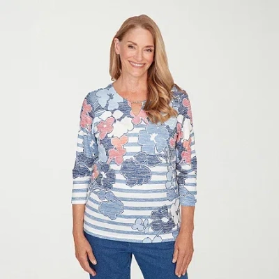 Alfred Dunner Austin Womens Split Crew Neck 3/4 Sleeve T-shirt In Blue