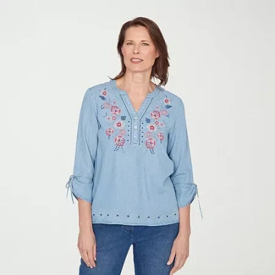 Alfred Dunner Austin Womens Y Neck 3/4 Sleeve Embroidered Blouse In Blue