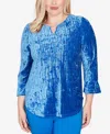 Alfred Dunner Barcelona Crushed Velvet Keyhole Bell Sleeve Top In Blue