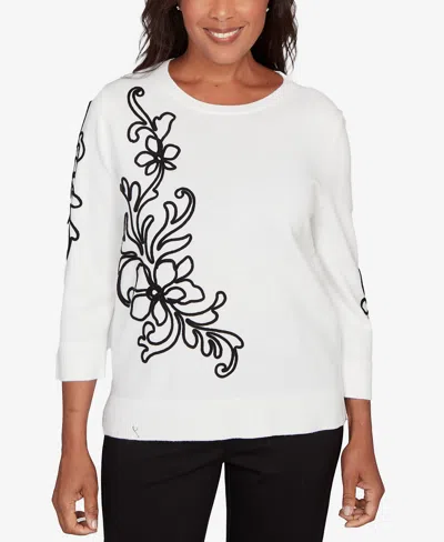 Alfred Dunner Barcelona Floral Soutache Lightweight Sweater In White
