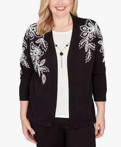 Alfred Dunner Barcelona Floral Soutache Two In One Sweater With Necklace In Black