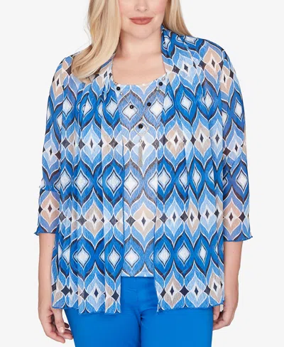 Alfred Dunner Barcelona Geometric Mesh 2-in-1 Top With Necklace In Blue