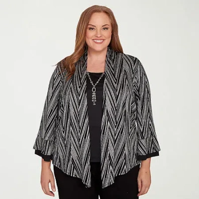 Alfred Dunner Barcelona Womens Plus Round Neck 3/4 Sleeve Layered Top In Black