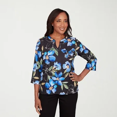 Alfred Dunner Barcelona Womens Split Crew Neck 3/4 Sleeve T-shirt In Black