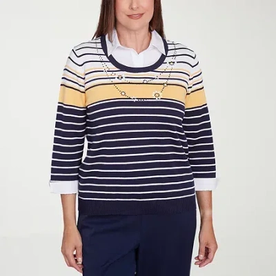 Alfred Dunner Block Island Womens 3/4 Sleeve Striped Layered Sweater In Blue