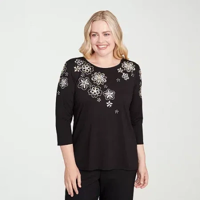 Alfred Dunner Business As Usual Womens Crew Neck 3/4 Sleeve T-shirt In Black