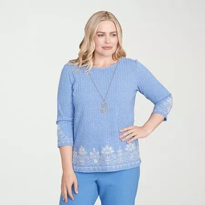 Alfred Dunner Business As Usual Womens Crew Neck 3/4 Sleeve T-shirt In Blue