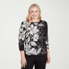 Alfred Dunner Business As Usual Womens Crew Neck Embellished 3/4 Sleeve Floral Pullover Sweater In Black