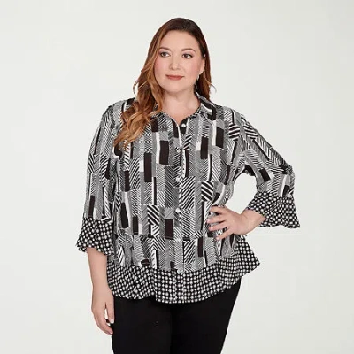 Alfred Dunner Business As Usual Womens Plus 3/4 Sleeve Button-down Shirt In Black