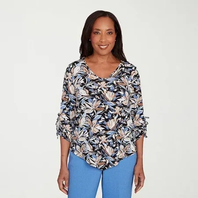 Alfred Dunner Business As Usual Womens V Neck 3/4 Sleeve T-shirt In Black