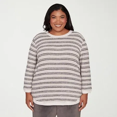 Alfred Dunner Calm Luxe Womens Plus Crew Neck 3/4 Sleeve T-shirt In Gray