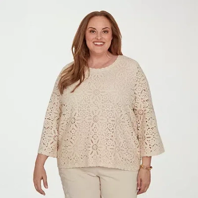 Alfred Dunner Camden Market Womens Crew Neck 3/4 Sleeve T-shirt In Neutral