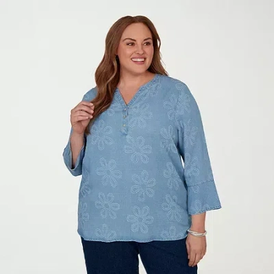 Alfred Dunner Camden Market Womens Split Crew Neck 3/4 Sleeve Blouse In Blue