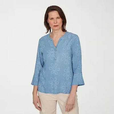 Alfred Dunner Camden Market Womens Split Crew Neck 3/4 Sleeve Embellished Blouse In Blue