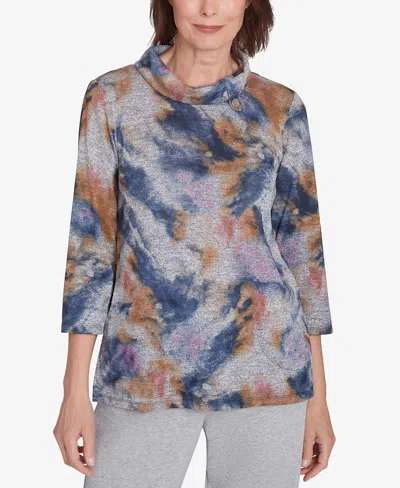 Alfred Dunner Casual Fridays Women's Abstract Watercolor Mock Neck Top In Multi Blue