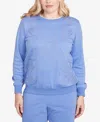 Alfred Dunner Women's Casual Vibe Embroidered Patchwork Long Sleeve Top In Blue