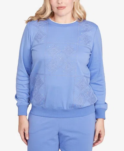 Alfred Dunner Plus Size Casual Vibe Embroidered Patchwork Long Sleeve Top In Blue