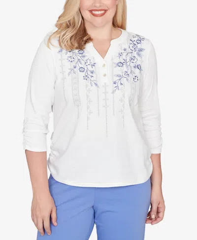 ALFRED DUNNER WOMEN'S CASUAL VIBE GEOMETRIC FLORAL RUCHED HENLEY TOP