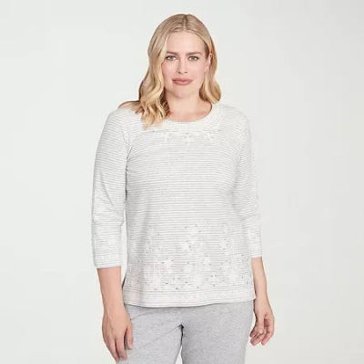 Alfred Dunner Casual Vibe Womens Crew Neck 3/4 Sleeve T-shirt In White